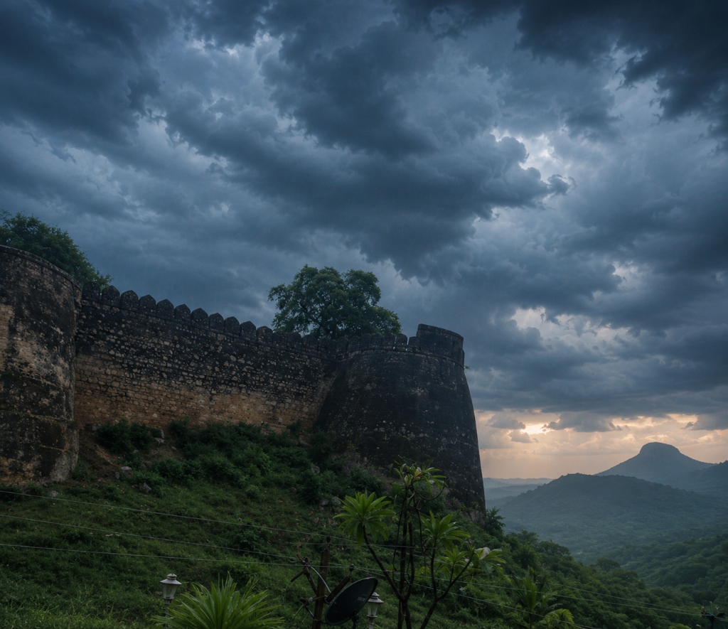Dramatic view of Jhansi Fort under cloudy skies